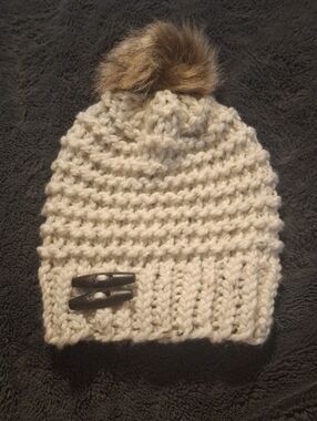 Handknit Cream Winter Hat With Faux Fur Pompom